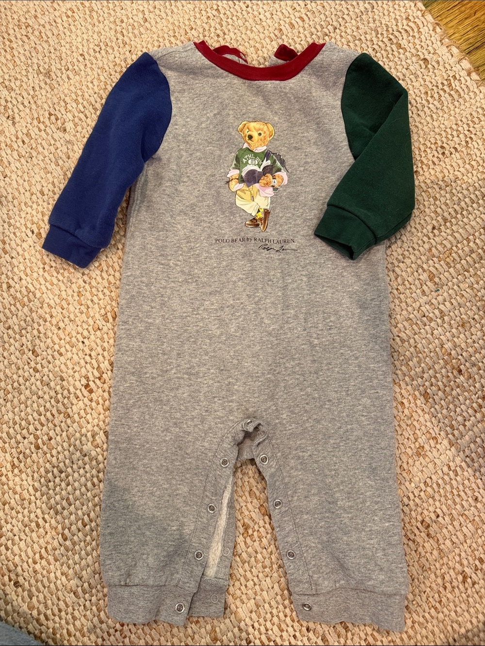 Ralph Lauren Gray Bear-Print Footie with Blue and Green Sleeves